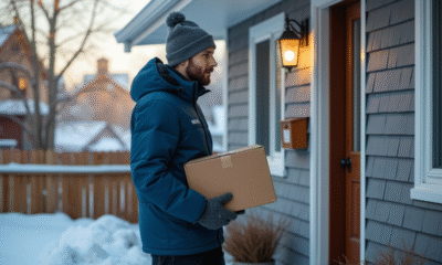 Livreur en hiver tenant un colis devant une maison au Québec