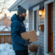 Livreur en hiver tenant un colis devant une maison au Québec
