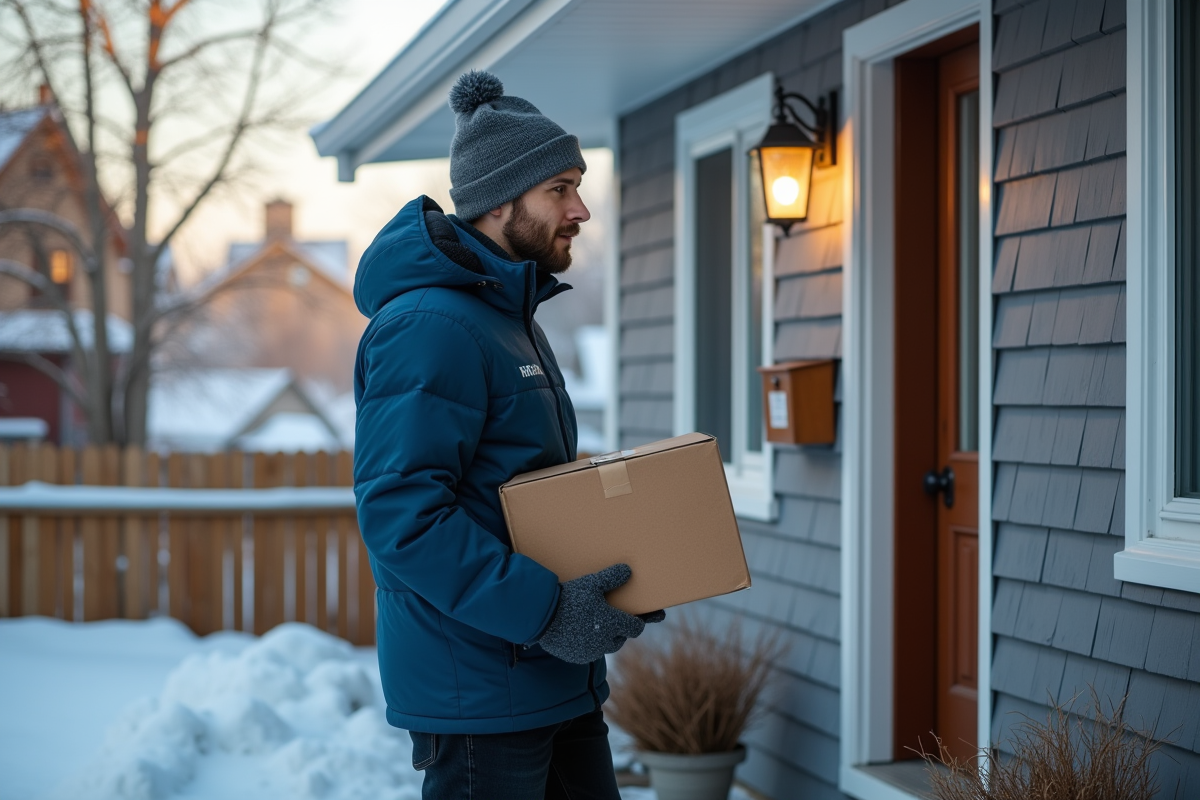 Livreur en hiver tenant un colis devant une maison au Québec