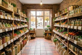 Intérieur d'un magasin bio en Seine-et-Marne avec des rayons en bois couverts de produits biologiques colorés