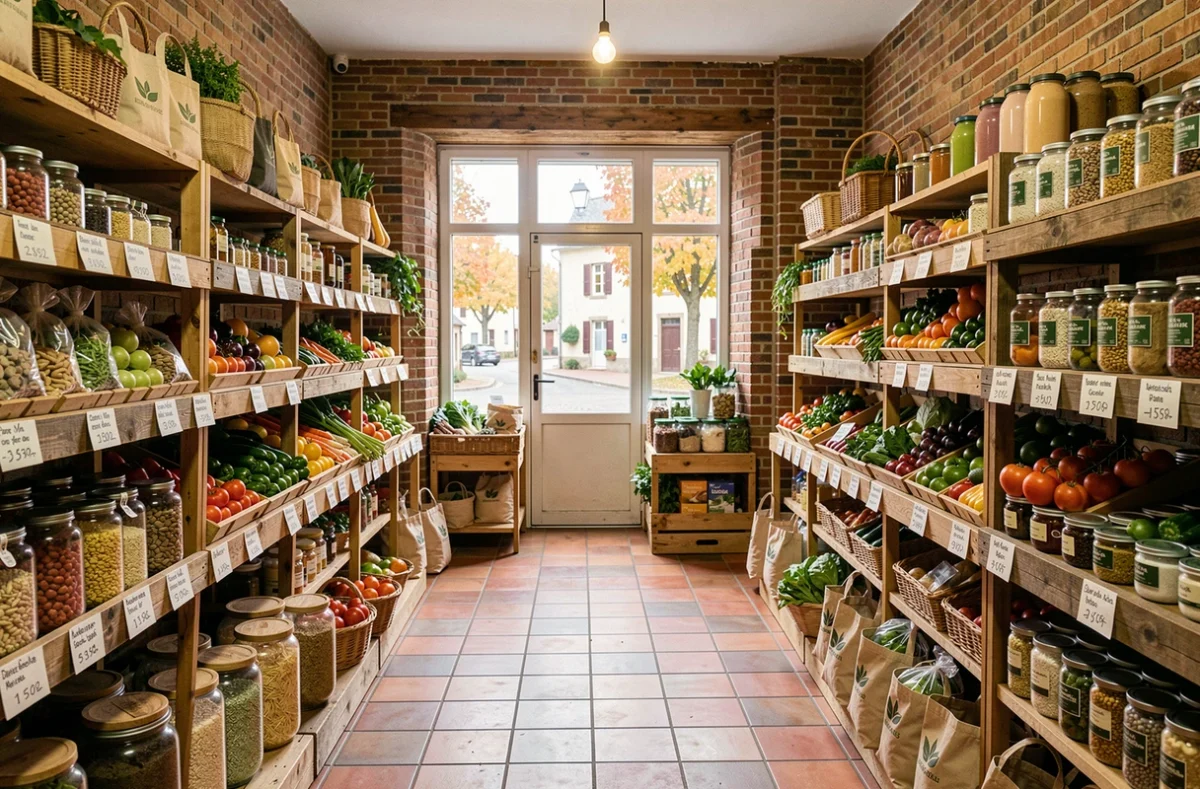 Intérieur d'un magasin bio en Seine-et-Marne avec des rayons en bois couverts de produits biologiques colorés