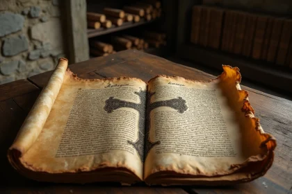 Manuscrit médiéval sur parchemin représentant une Croix de Lorraine dessinée à l'encre avec annotations latines dans une salle d'archives en pierre