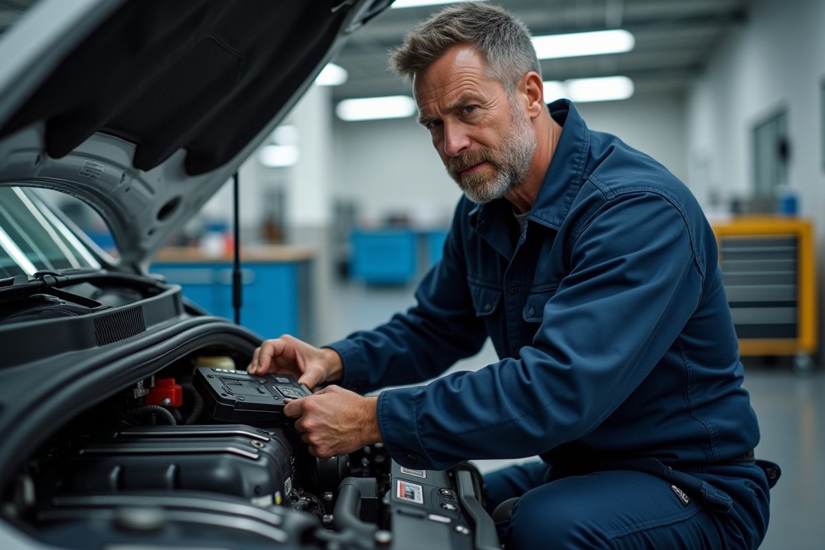 Mécanicien homme en overalls examine un moteur Renault