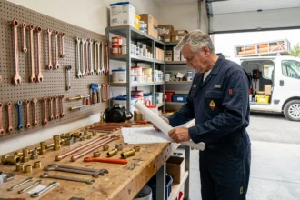 Vue d'ensemble d'un atelier de plomberie moderne en Indre-et-Loire avec un artisan plombier consultant des plans sur un établi en bois entouré d'outils et de tuyaux en cuivre