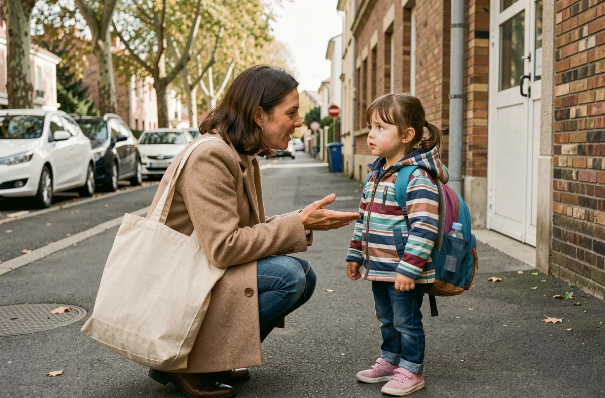Mère expliquant la grève des enseignants à sa fille devant l'école fermée