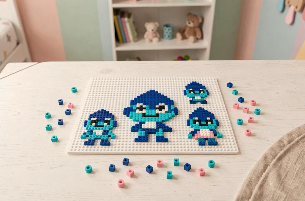 Modèles perles à repasser Stitch posés en flat lay sur un bureau blanc avec perles colorées
