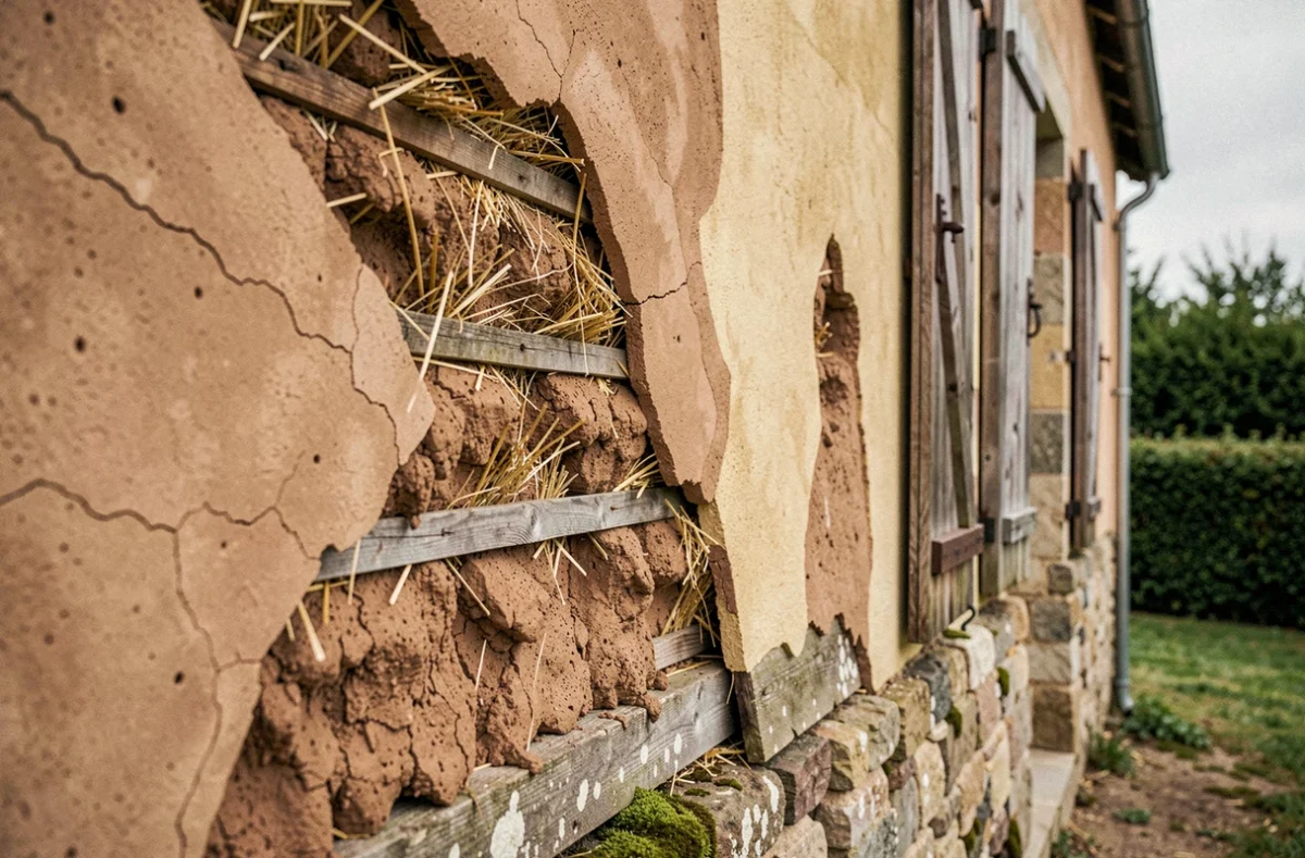 Détail d'un mur en torchis ancien avec argile, paille et lattis en bois visibles sur la façade d'une ferme normande traditionnelle