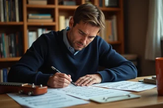 Musicien adulte annotant des grilles d'accords de guitare imprimées sur un bureau en bois dans un home studio organisé