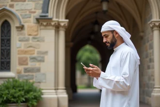 Musulman en thobe vérifiant l'heure de prière devant une mosquée