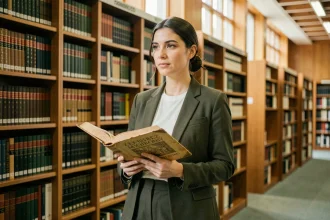 Femme tenant un livre de mythologie grecque dans une bibliothèque universitaire moderne, évoquant le mythe d'Athéna au XXIe siècle