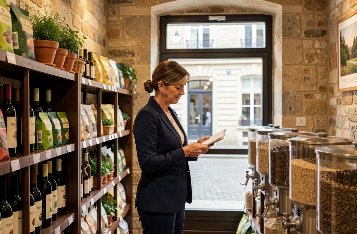 Cliente du magasin Naturalia à Fontainebleau consultant une bouteille de vin bio dans un intérieur en pierre