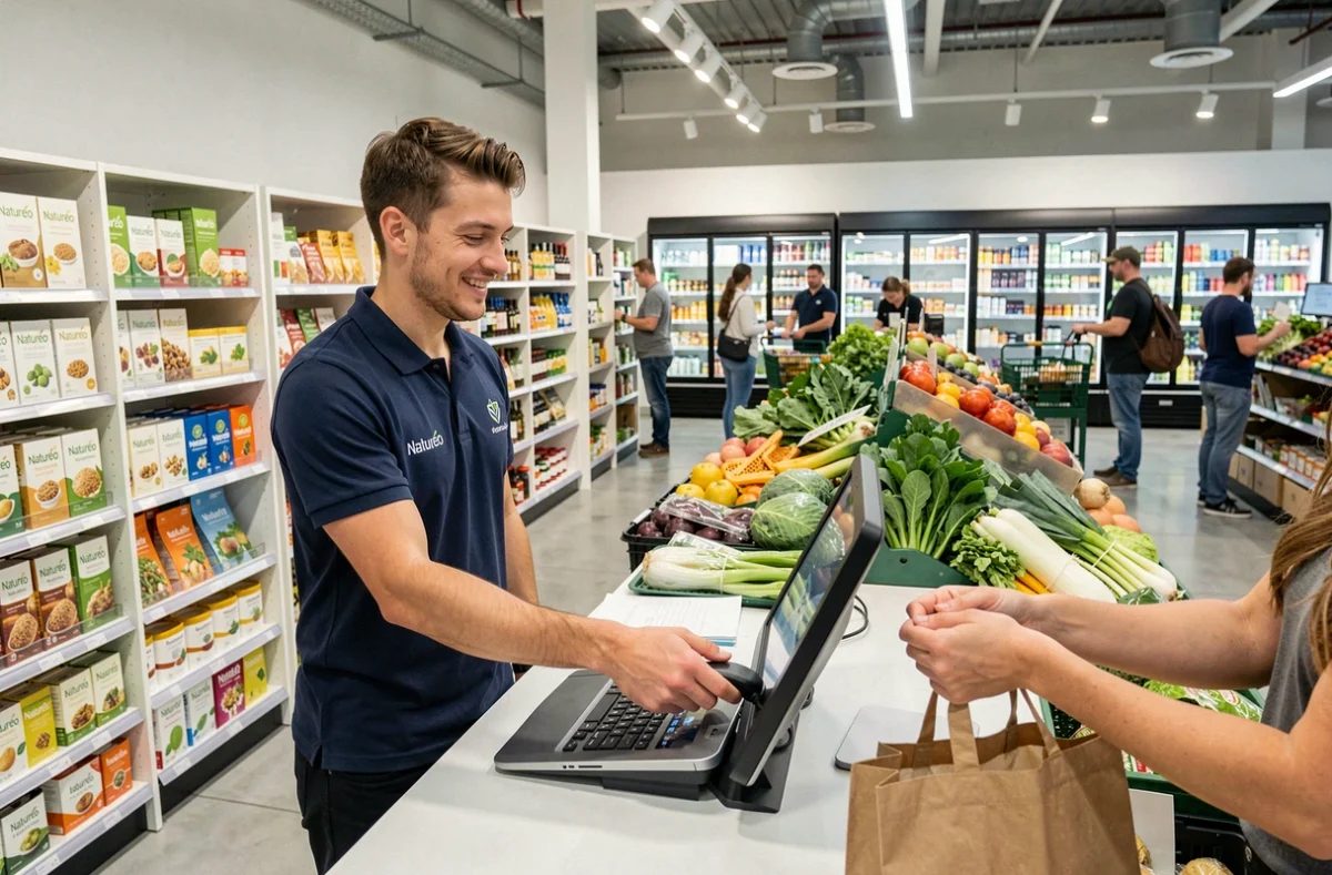 Caissier du magasin Naturéo à Serris enregistrant des articles bio lors d'un passage en caisse