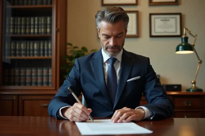 Notaire en costume bleu examinant un document juridique