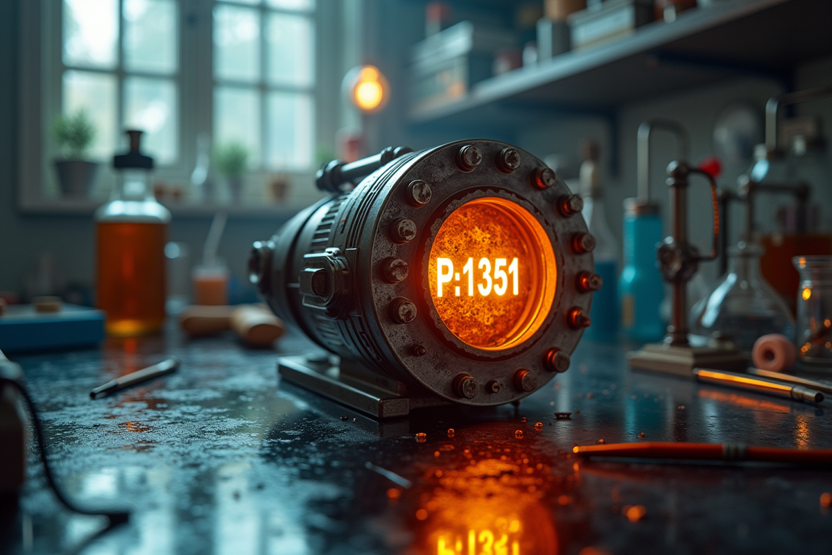 Objet metallique lumineux P1351 sur un bureau de laboratoire