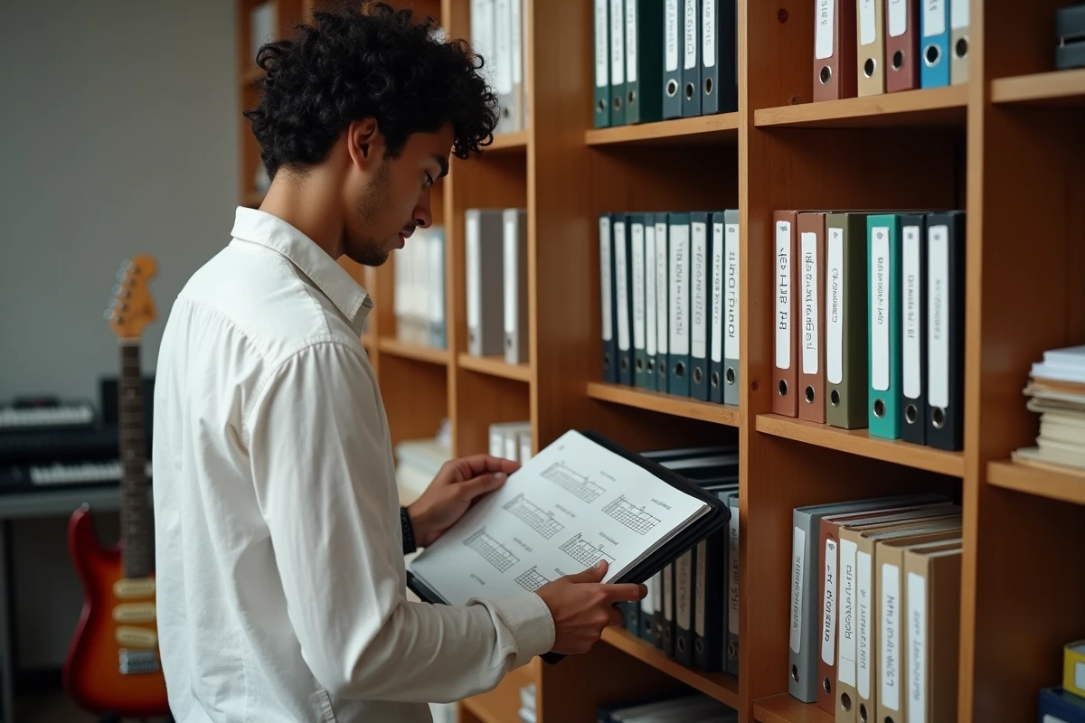 Jeune musicien organisant des grilles d'accords en PDF imprimées dans des classeurs étiquetés dans une salle de pratique musicale