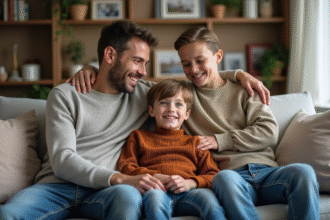 Père souriant avec son fils dans le salon familial