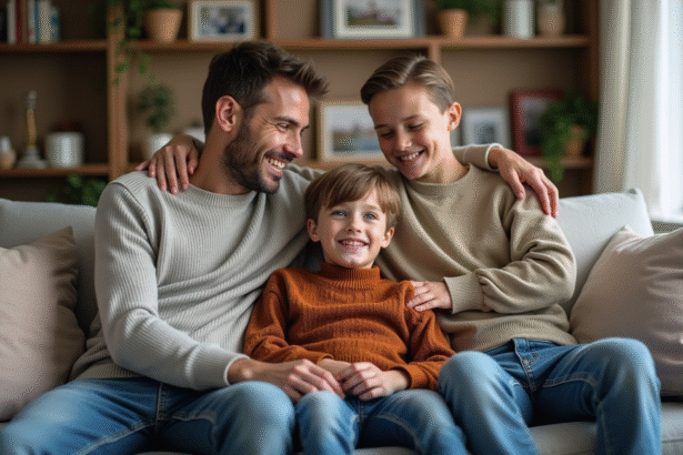Père souriant avec son fils dans le salon familial