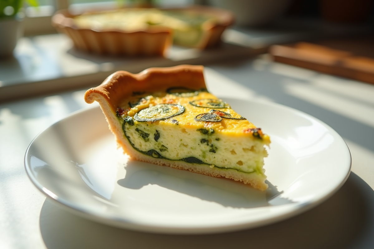 Une tranche de quiche aux courgettes sur assiette blanche en cuisine