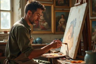 Peintre célèbre au travail dans son atelier devant un grand tableau sur chevalet avec palette et pinceaux