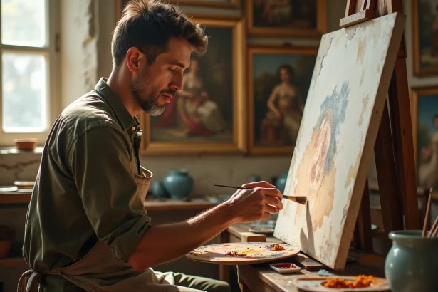 Peintre célèbre au travail dans son atelier devant un grand tableau sur chevalet avec palette et pinceaux