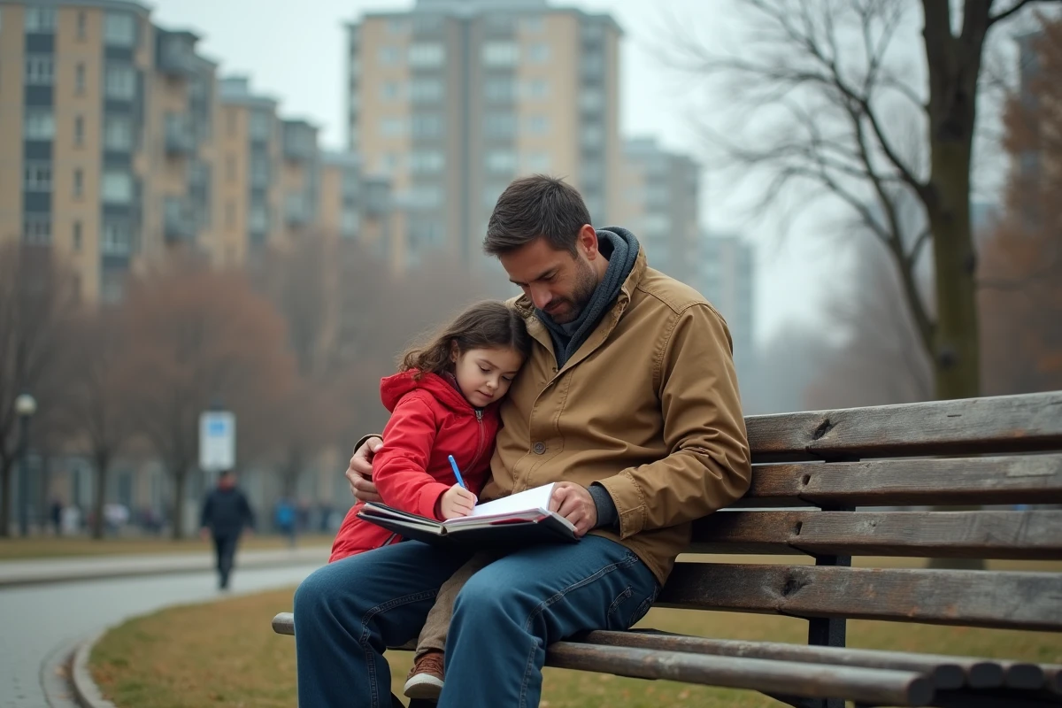 Père et fille faisant leurs devoirs dans un parc urbain