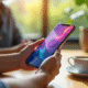 Personne tenant un smartphone moderne avec écran 1440p lumineux