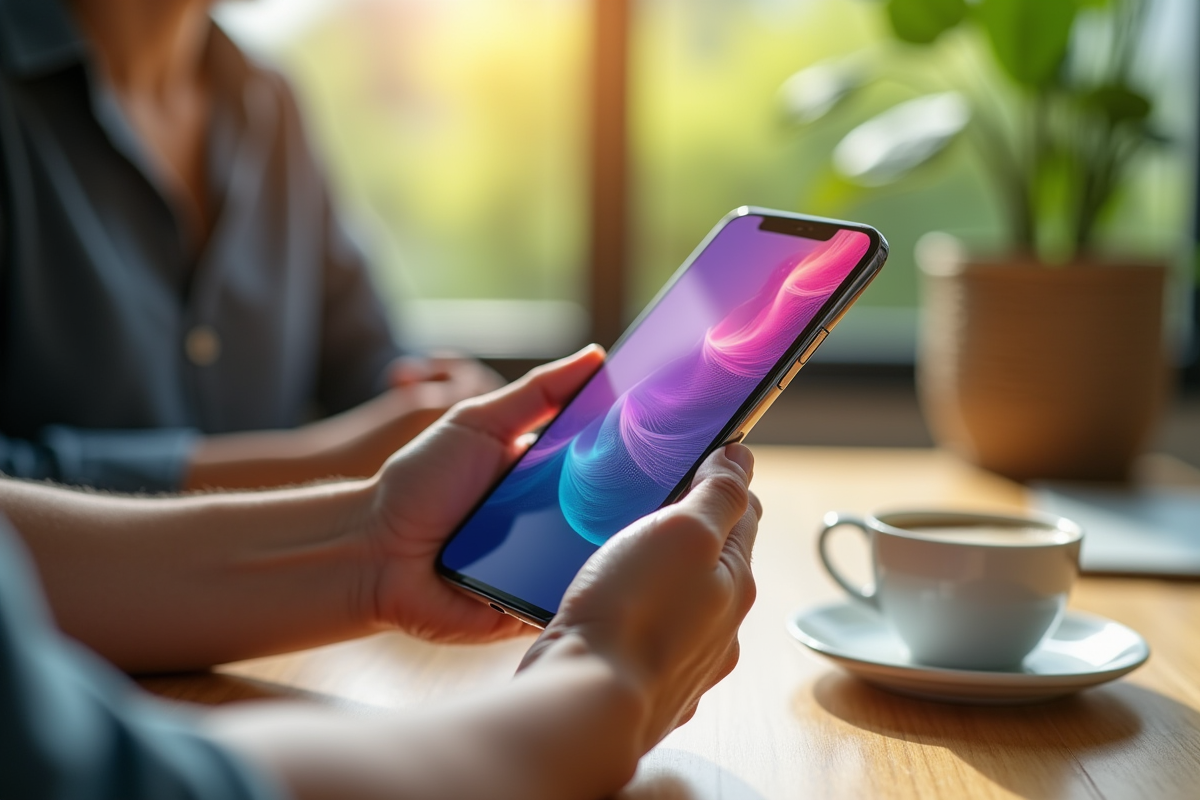 Personne tenant un smartphone moderne avec écran 1440p lumineux