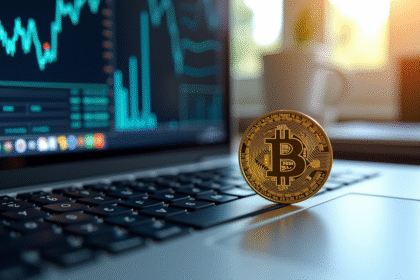 Pièce de Bitcoin dorée sur clavier d'ordinateur avec graphiques blockchain