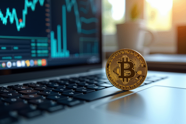 Pièce de Bitcoin dorée sur clavier d'ordinateur avec graphiques blockchain