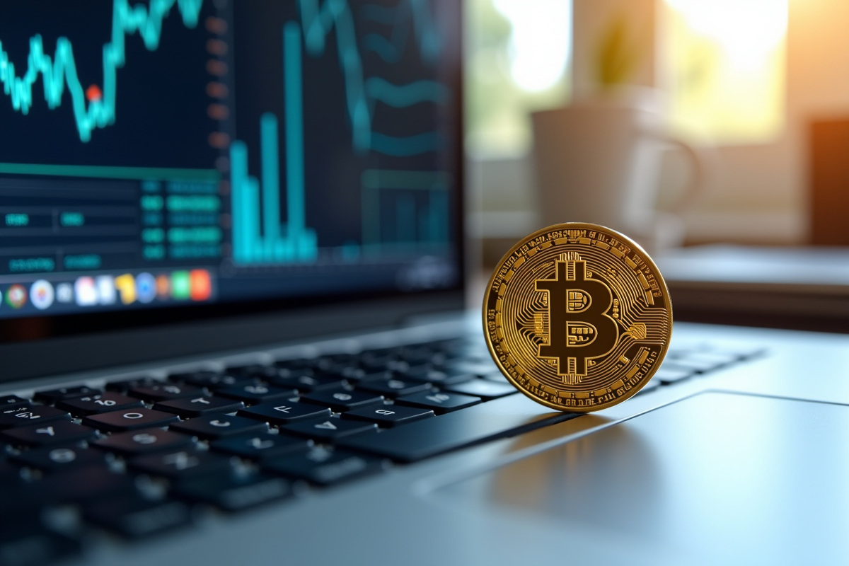Pièce de Bitcoin dorée sur clavier d'ordinateur avec graphiques blockchain