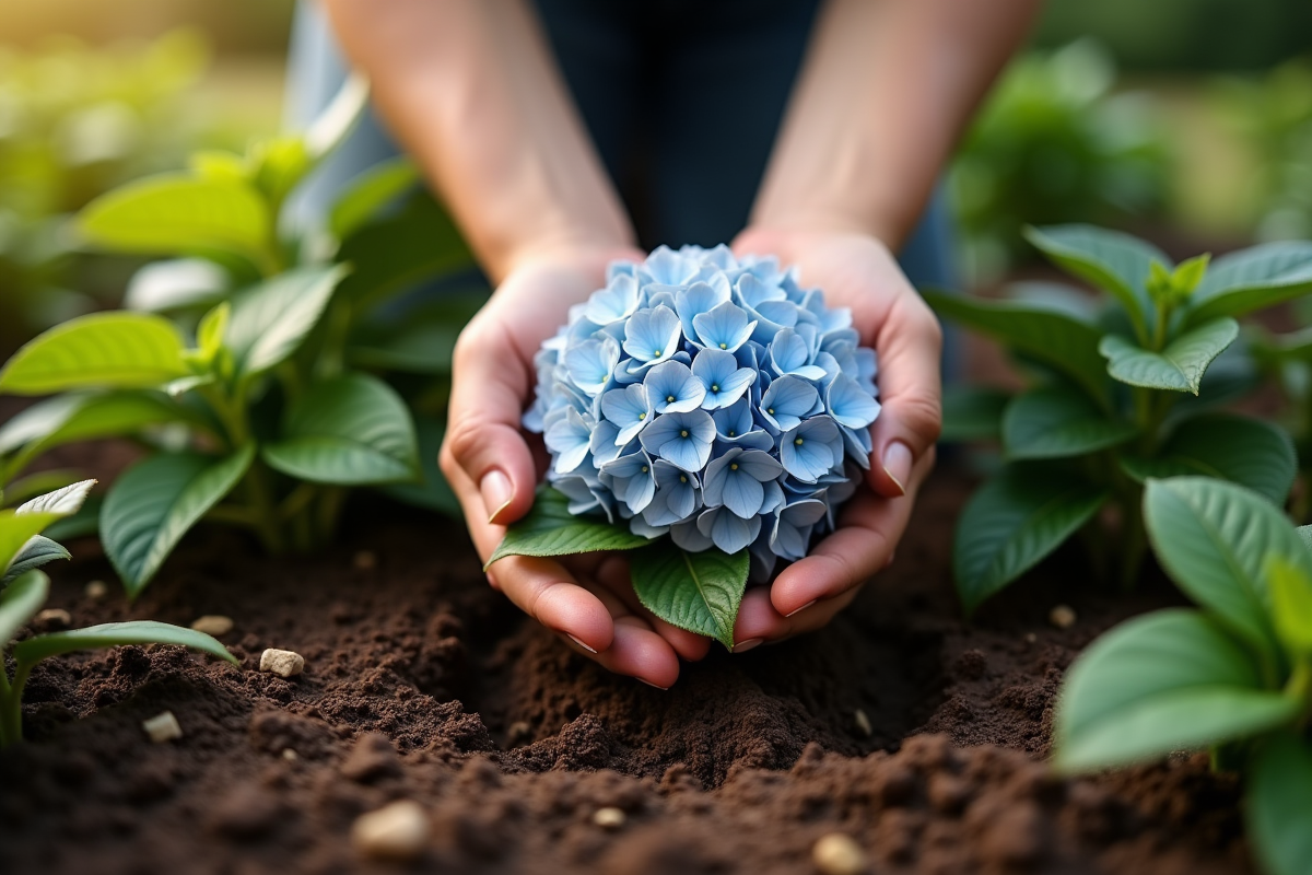 Mains plantant délicatement des hydrangeas dans un sol humide en jardin