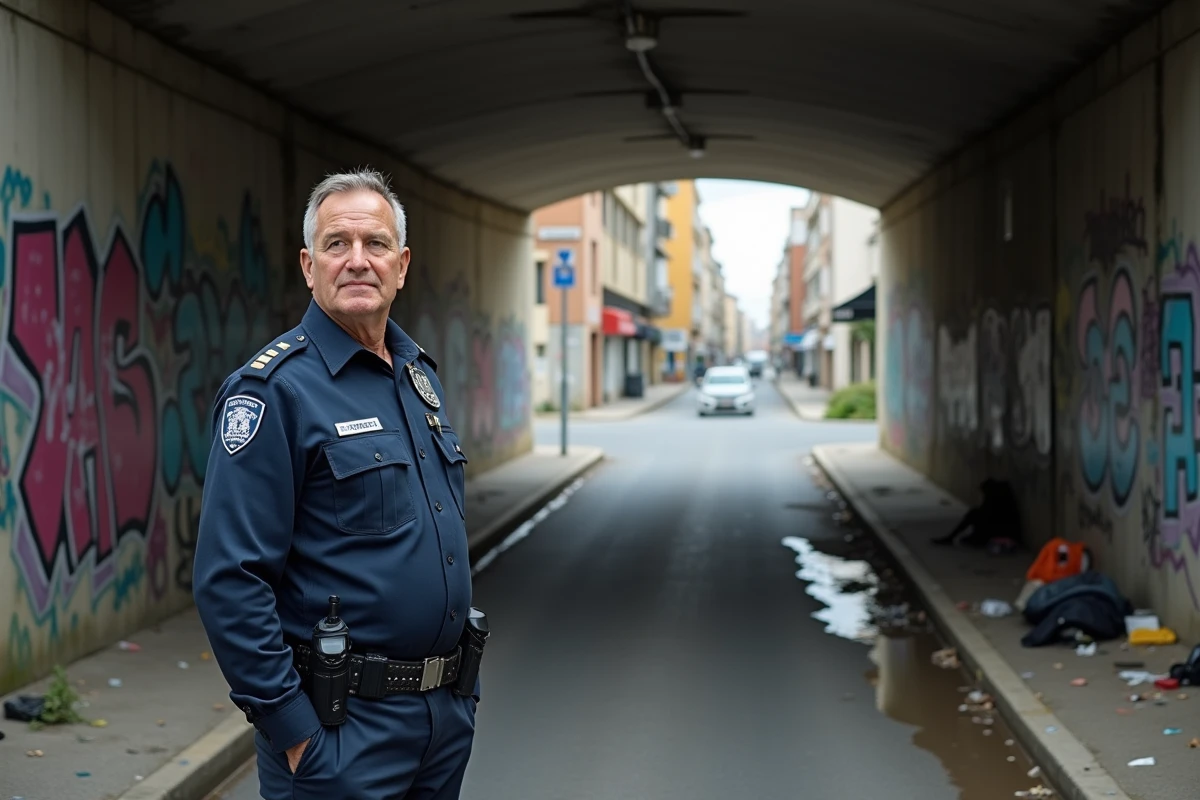 Agent de police municipale en patrouille dans un passage souterrain du Mirail à Toulouse, illustrant la surveillance sécuritaire dans les quartiers sensibles