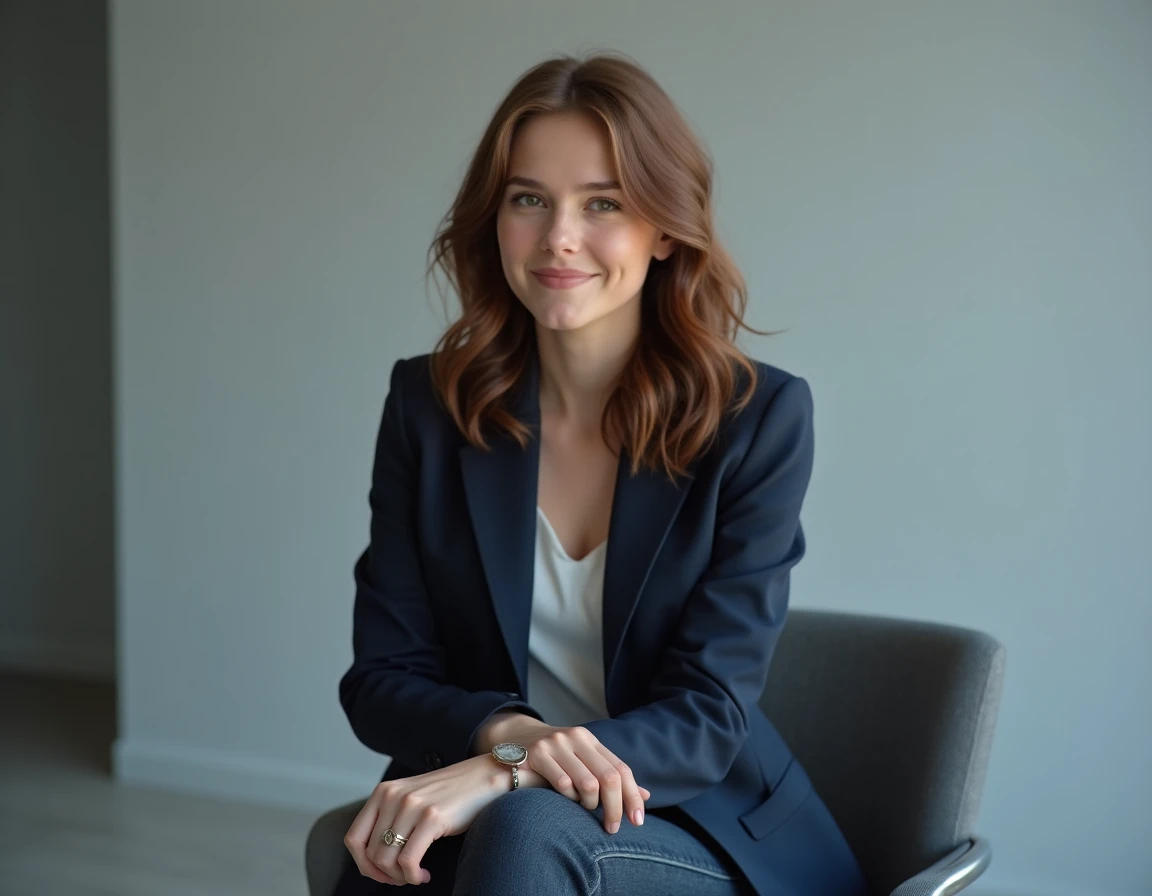 Portrait en intérieur d'une actrice de feuilleton français, ambiance interview magazine, look naturel et professionnel