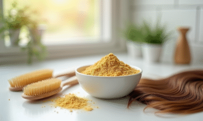Poudre de levure de bière à côté de brosses en bois et cheveux brillants
