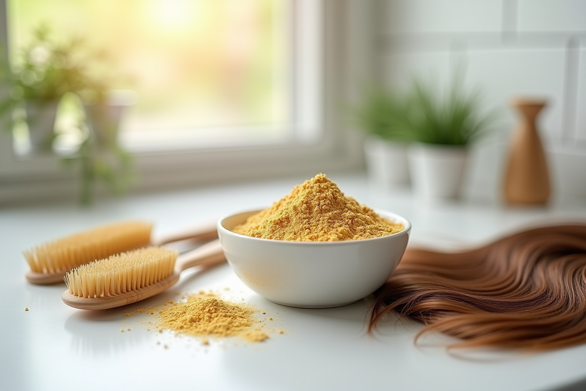 Poudre de levure de bière à côté de brosses en bois et cheveux brillants
