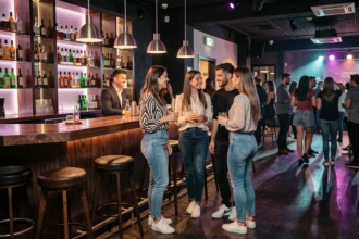 Groupe de jeunes adultes au bar du Kripton Club à Yssingeaux lors d'une première soirée en club