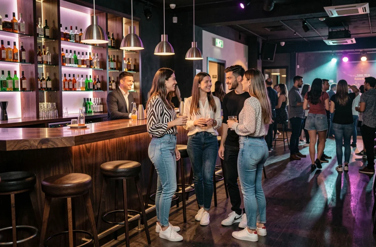 Groupe de jeunes adultes au bar du Kripton Club à Yssingeaux lors d'une première soirée en club