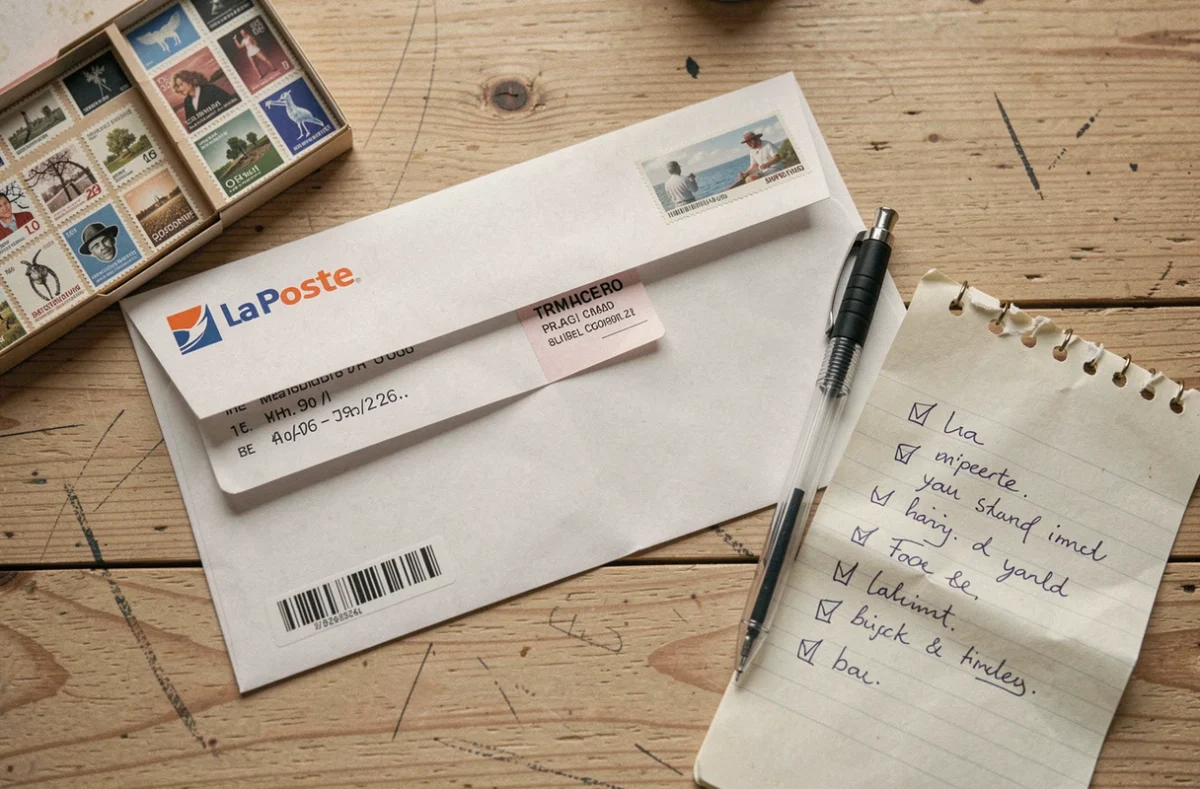 Mise à plat d'une enveloppe préparée avec timbre et étiquette de suivi La Poste sur un bureau en bois avec liste de vérification manuscrite