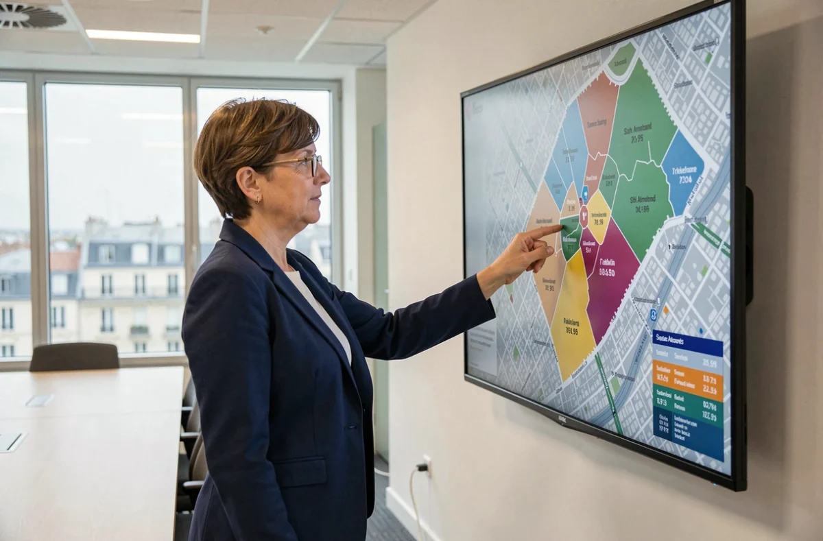 Une femme présentant une carte interactive des arrondissements de Paris avec leurs superficies respectives lors d'une réunion municipale