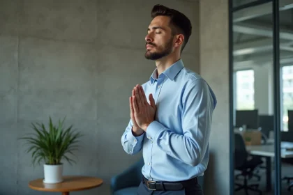 Homme en tenue professionnelle priant discrètement dans une salle de pause de bureau moderne à Bordeaux
