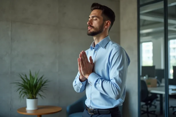 Homme en tenue professionnelle priant discrètement dans une salle de pause de bureau moderne à Bordeaux