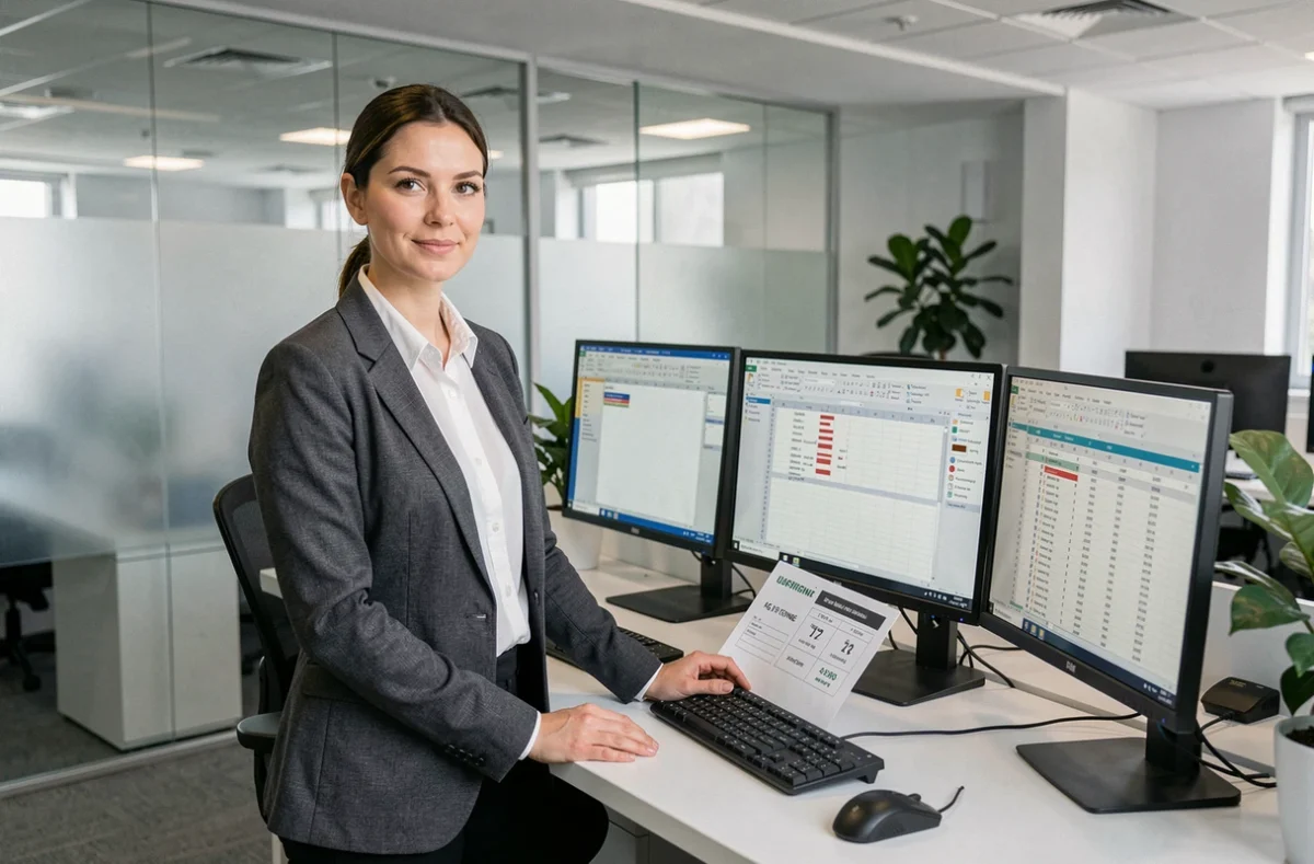 Professionnelle en bureau utilisant un tableau de conversion kilogrammes tonnes sur logiciel tableur pour usage professionnel