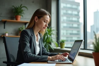 Professionnelle utilisant Kabrax sur son ordinateur portable dans un bureau moderne