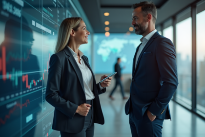 Homme et femme d'affaires en discussion financière