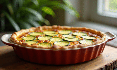 Quiche sans gluten aux courgettes tranchée sur plat en céramique