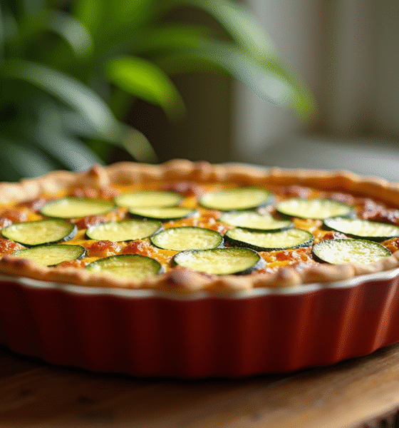 Quiche sans gluten aux courgettes tranchée sur plat en céramique