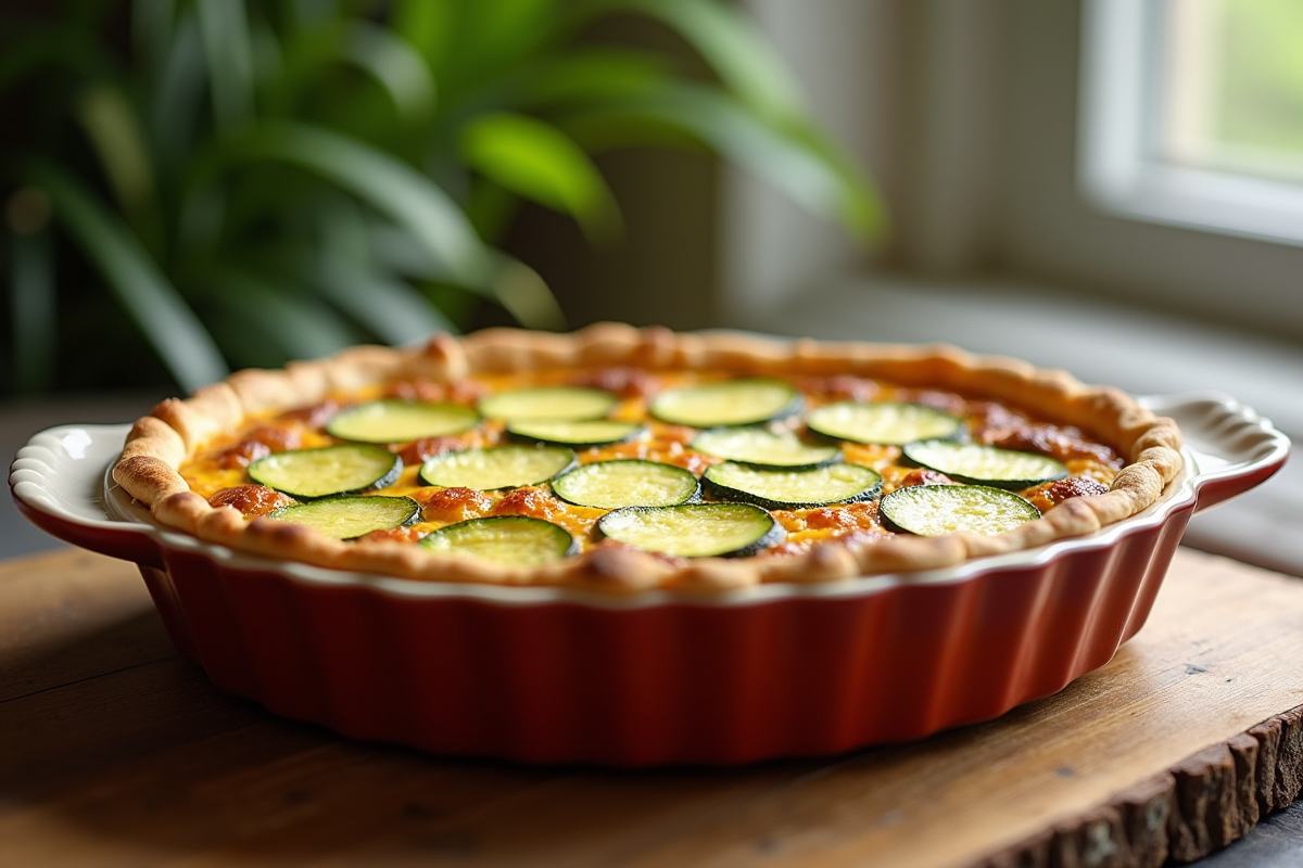 Quiche sans gluten aux courgettes tranchée sur plat en céramique