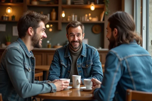 Groupe d'amis dans un café parisien, l'un d'eux raconte une blague d'humour noir avec un sourire complice tandis que les autres réagissent avec surprise et amusement