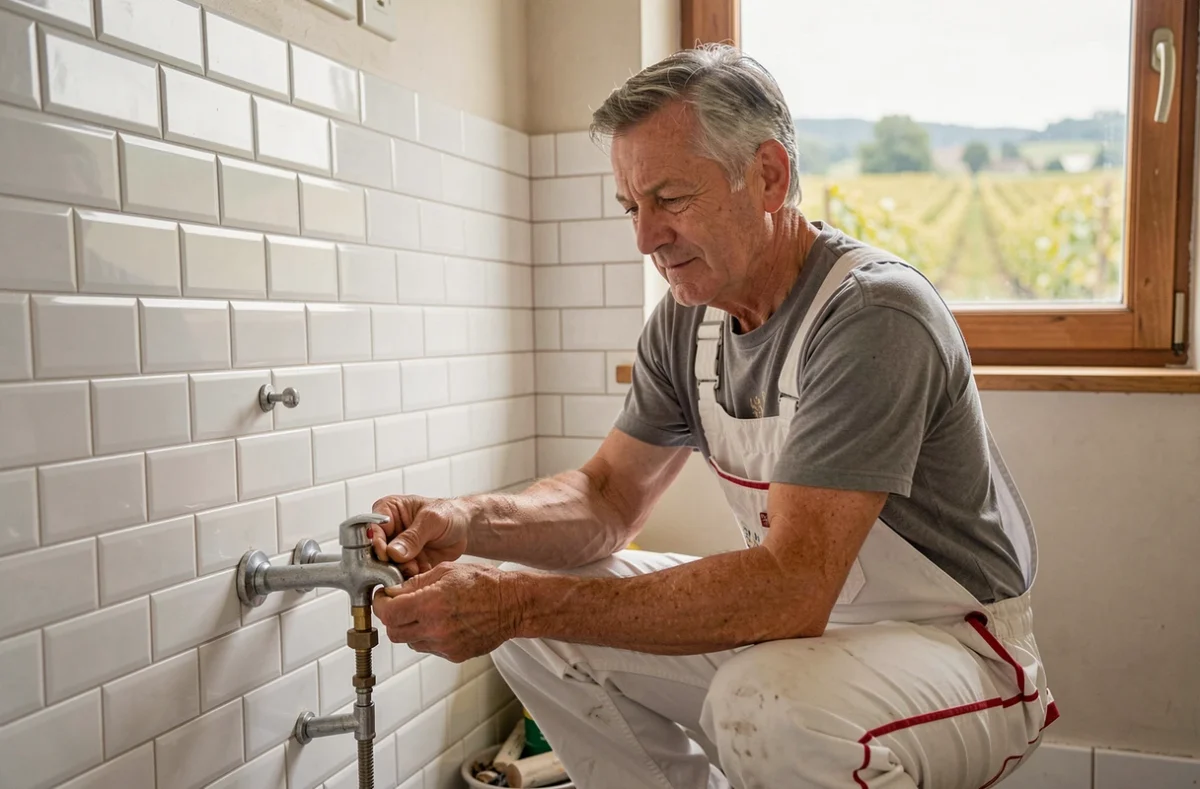 Plombier indépendant René Beschon remplaçant un robinet dans la salle de bain d'une maison rurale paisible à Chançay avec une vue sur les vignes