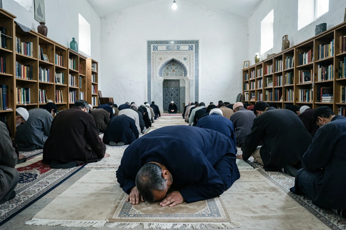 Fidèle rejoignant la prière en retard dans une mosquée parisienne pendant la prière communautaire